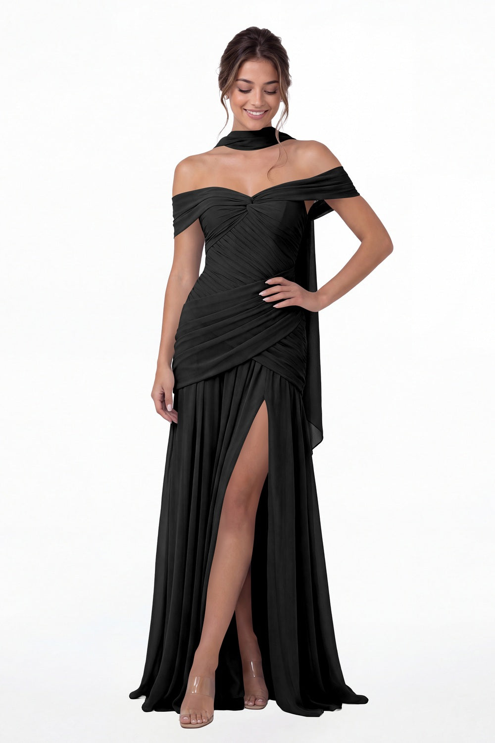 Black Off Shoulder Ruched Chiffon Slit Maxi Gown - Front View