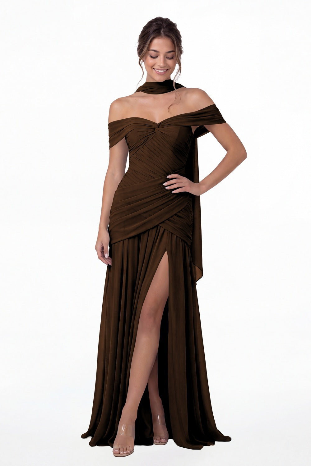 Brown Off Shoulder Ruched Chiffon Slit Maxi Gown - Front View