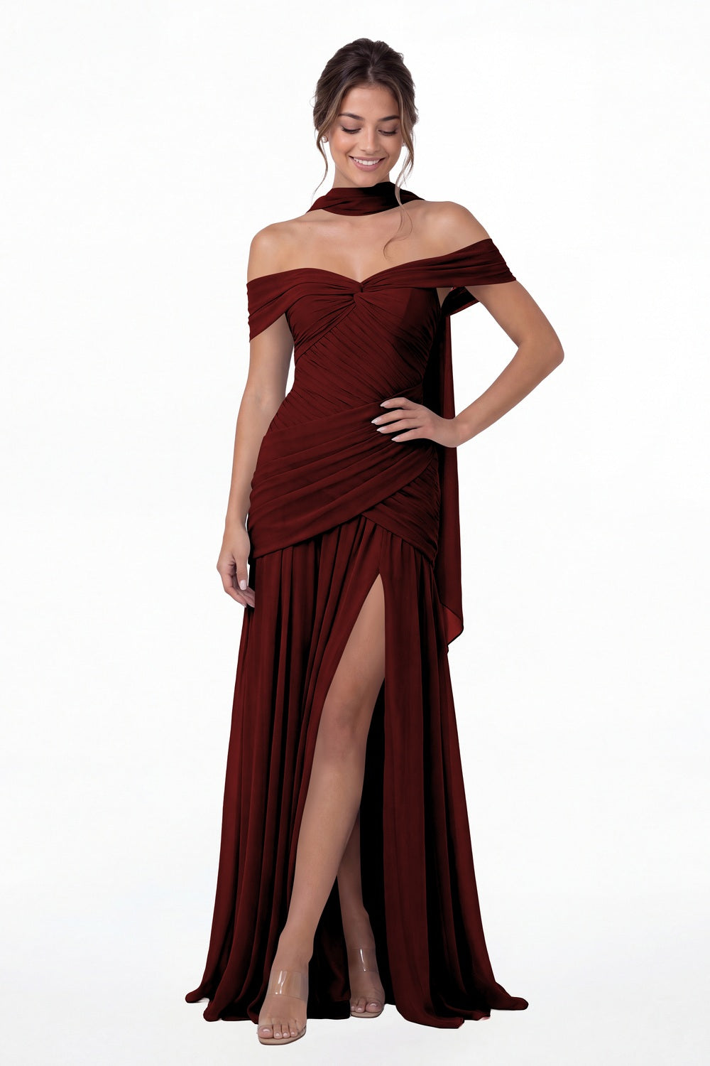 Burgundy Off Shoulder Ruched Chiffon Slit Maxi Gown - Front View