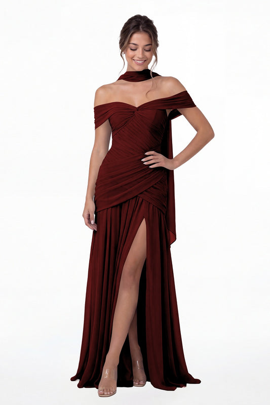 Burgundy Off Shoulder Ruched Chiffon Slit Maxi Gown - Front View