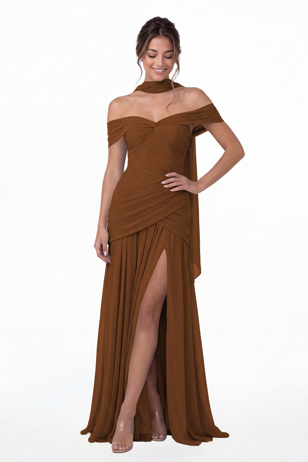 Burnt Orange Off Shoulder Ruched Chiffon Slit Maxi Gown - Front View