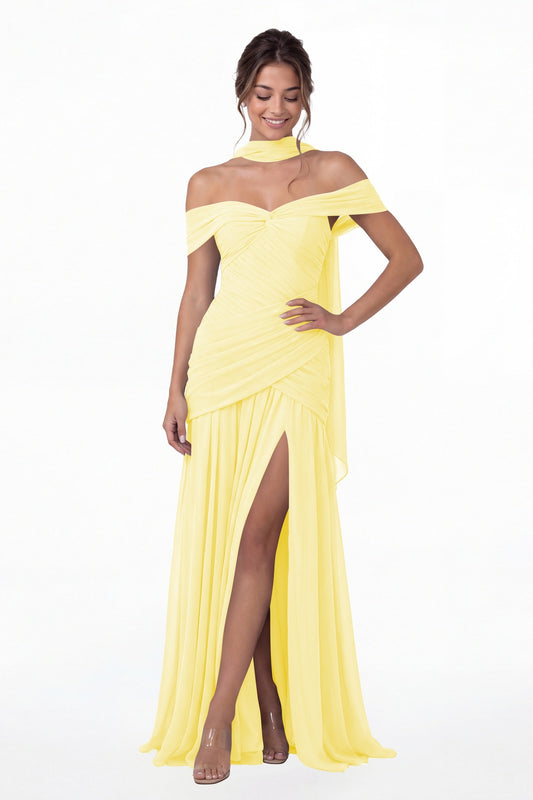 Butter Yellow Off Shoulder Ruched Chiffon Slit Maxi Gown - Front View