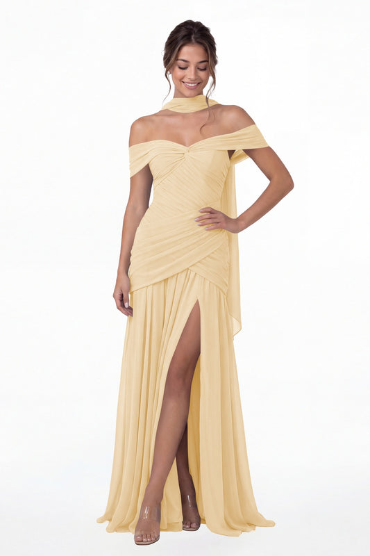 Champagne Off Shoulder Ruched Chiffon Slit Maxi Gown - Front View