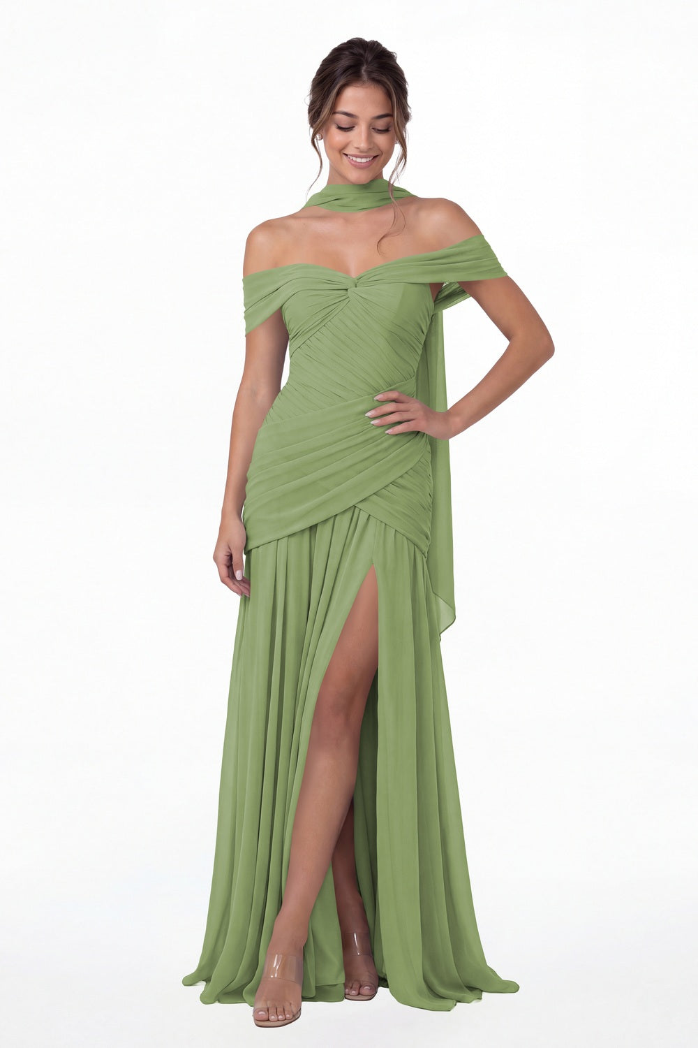 Dusty Sage Off Shoulder Ruched Chiffon Slit Maxi Gown - Front View