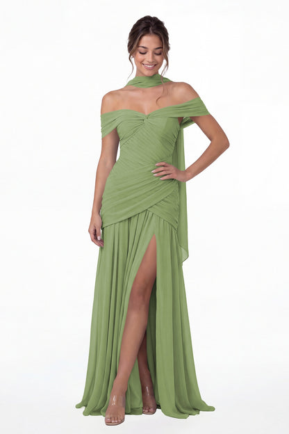 Dusty Sage Off Shoulder Ruched Chiffon Slit Maxi Gown - Front View
