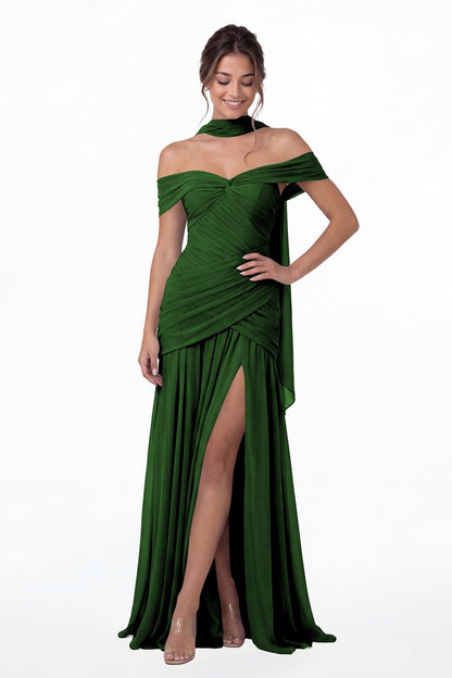 Emerald Green Off Shoulder Ruched Chiffon Slit Maxi Gown - Front View