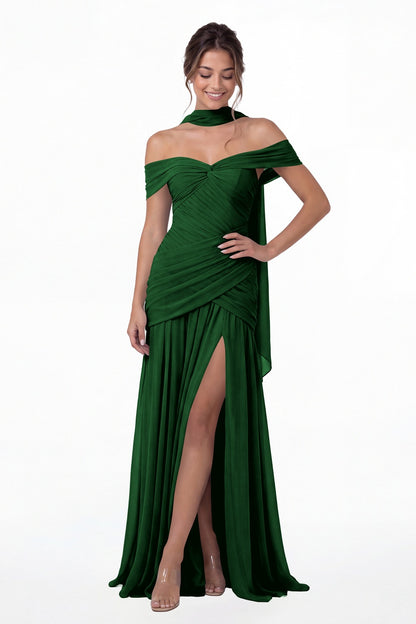 Emerald Green Off Shoulder Ruched Chiffon Slit Maxi Gown - Front View