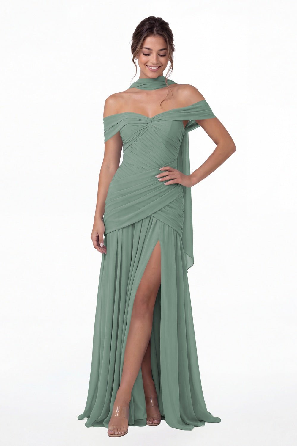 Eucalyptus Off Shoulder Ruched Chiffon Slit Maxi Gown - Front View