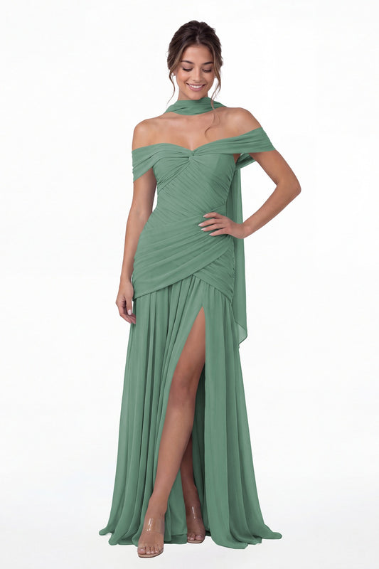 Eucalyptus Off Shoulder Ruched Chiffon Slit Maxi Gown - Front View