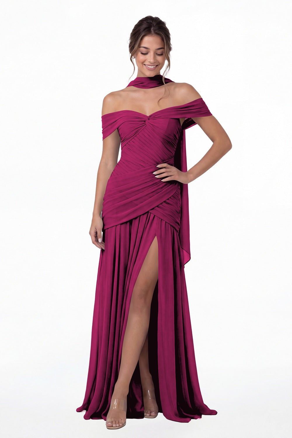 Fuchsia Off Shoulder Ruched Chiffon Slit Maxi Gown - Front View