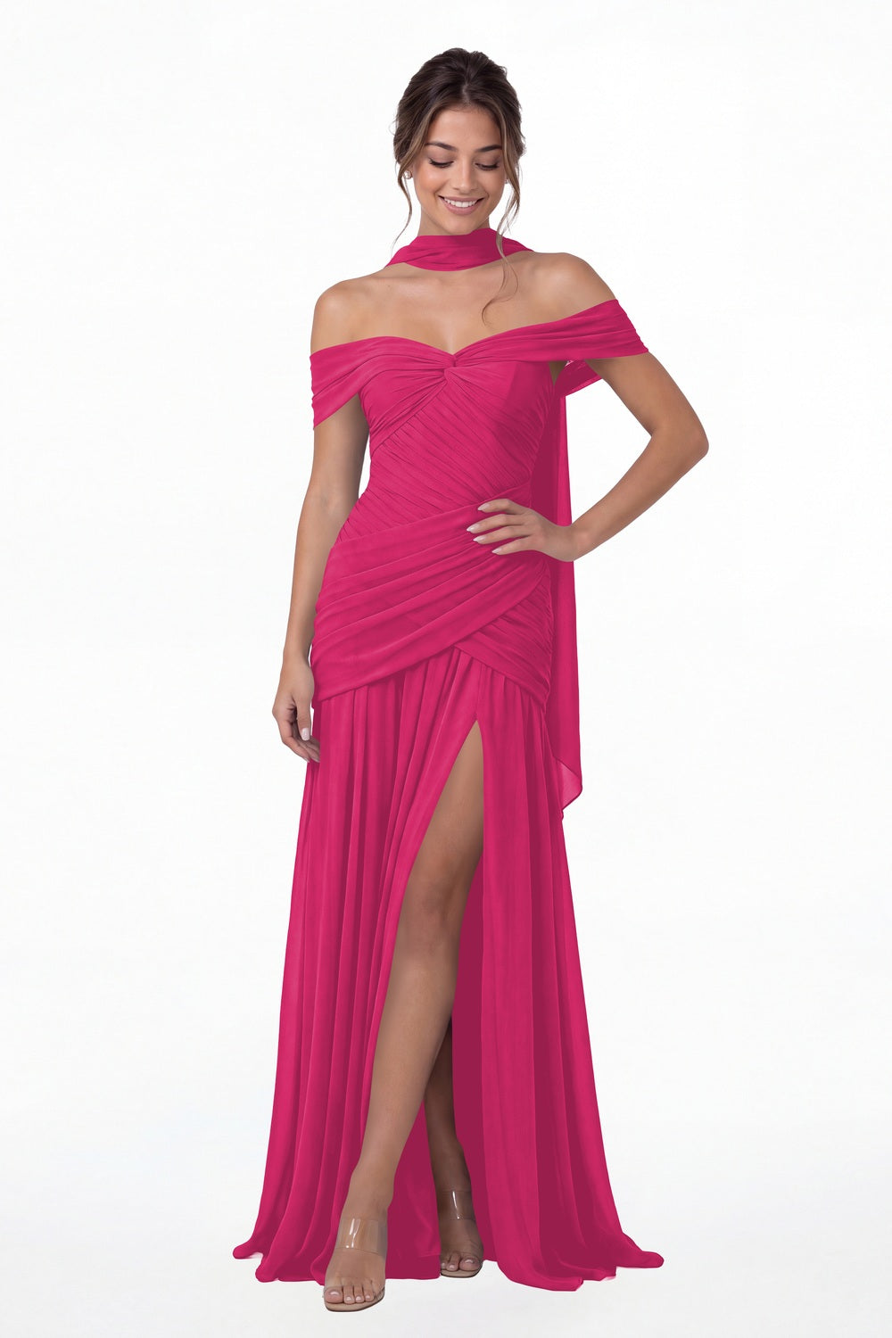 Fuchsia Off Shoulder Ruched Chiffon Slit Maxi Gown - Front View