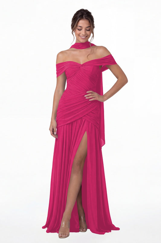 Fuchsia Off Shoulder Ruched Chiffon Slit Maxi Gown - Front View