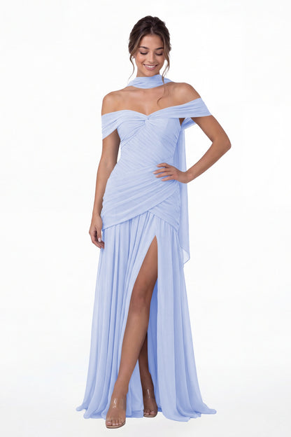 Lavender Off Shoulder Ruched Chiffon Slit Maxi Gown - Front View