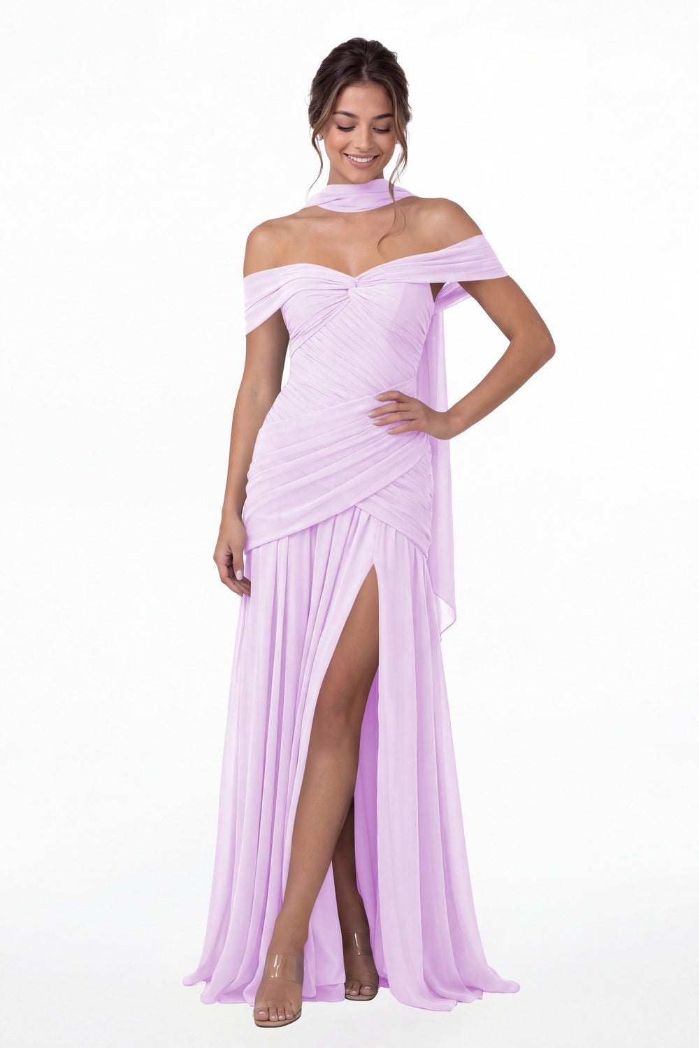 Lilac Off Shoulder Ruched Chiffon Slit Maxi Gown - Front View