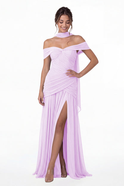 Lilac Off Shoulder Ruched Chiffon Slit Maxi Gown - Front View