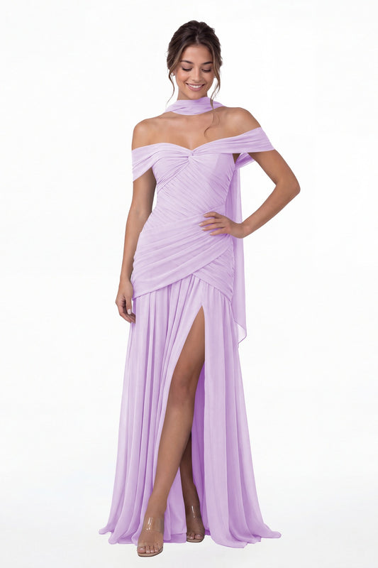 Lilac Off Shoulder Ruched Chiffon Slit Maxi Gown - Front View