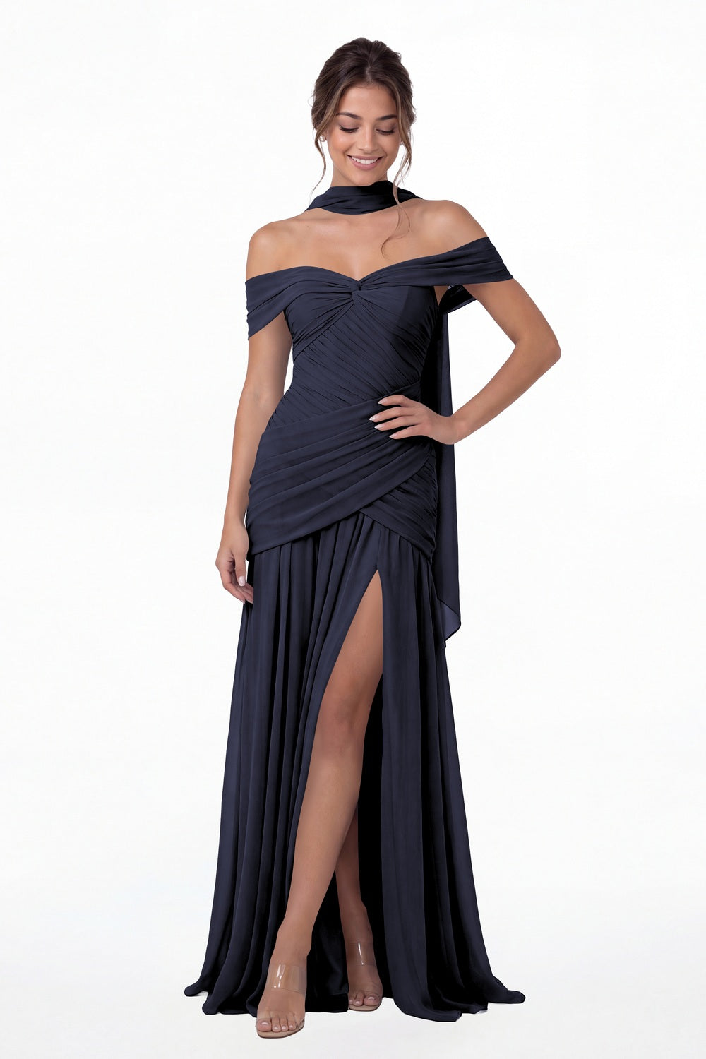 Navy Blue Off Shoulder Ruched Chiffon Slit Maxi Gown - Front View