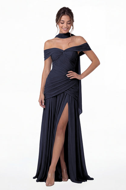 Navy Blue Off Shoulder Ruched Chiffon Slit Maxi Gown - Front View