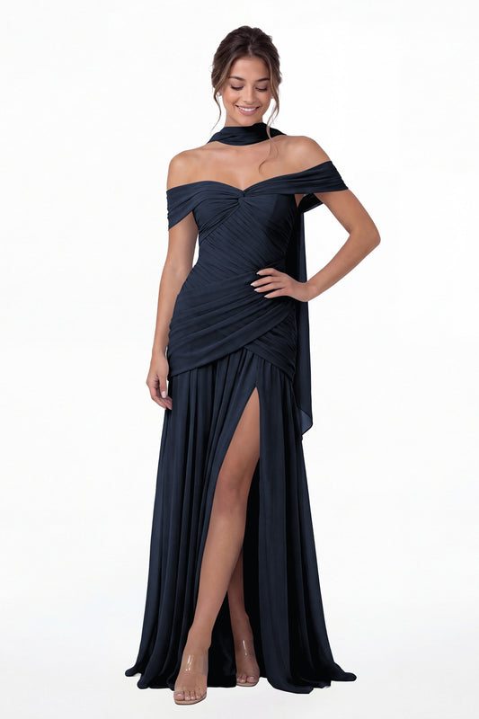 Navy Blue Off Shoulder Ruched Chiffon Slit Maxi Gown - Front View