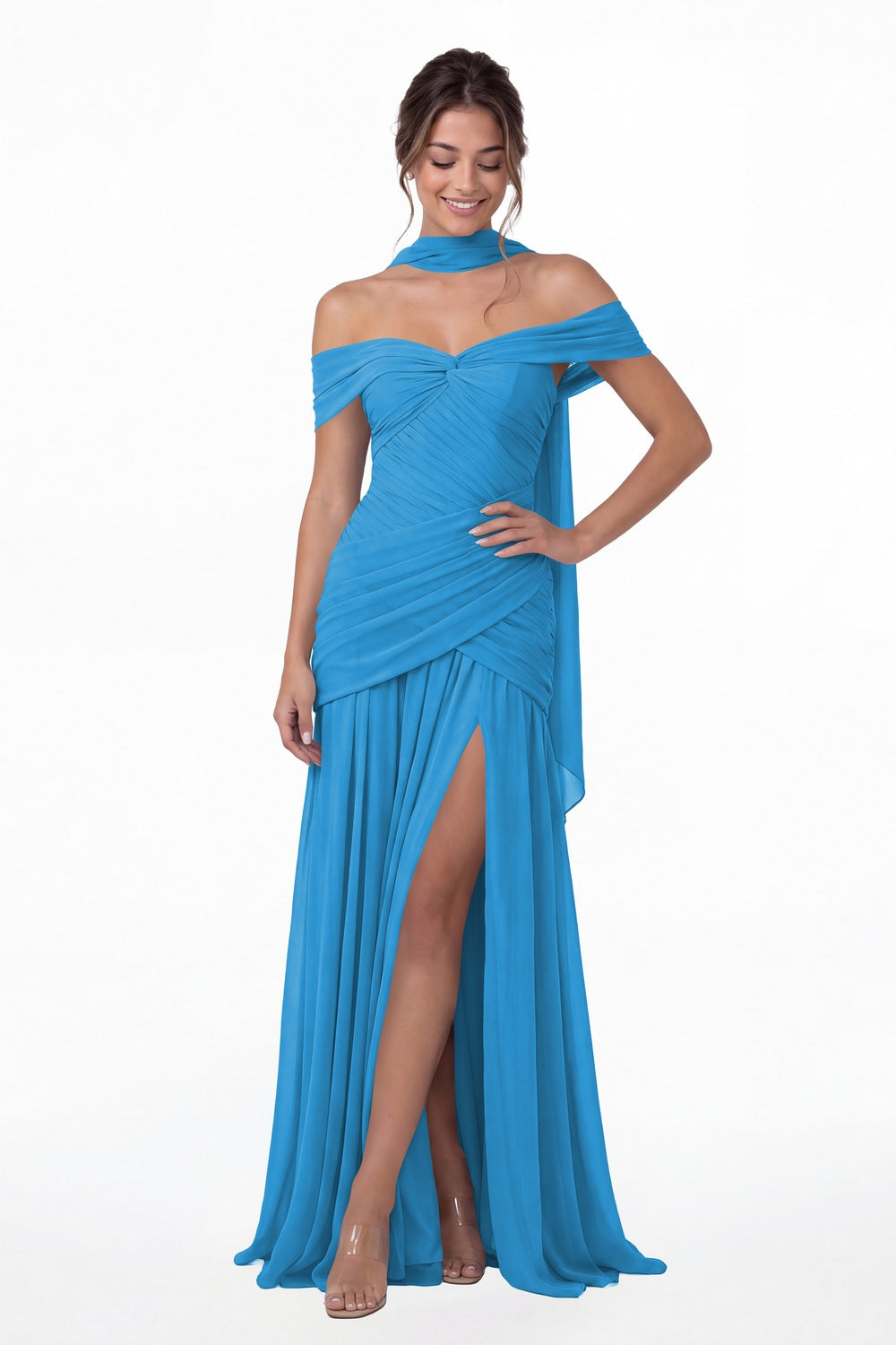 Ocean Blue Off Shoulder Ruched Chiffon Slit Maxi Gown - Front View