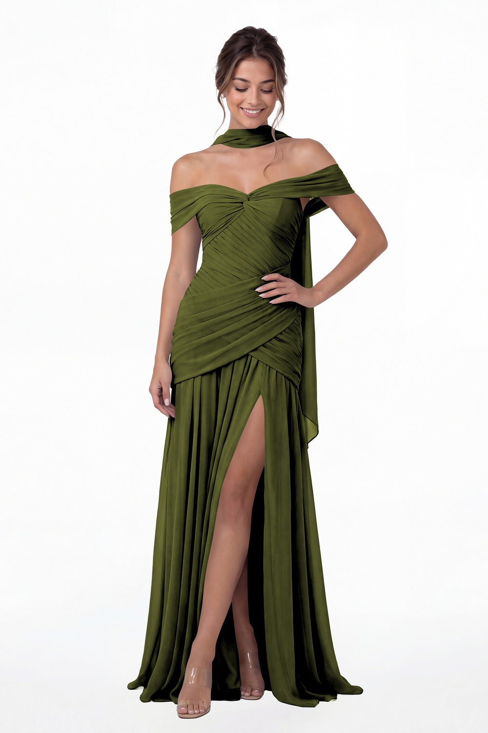 Olive Green Off Shoulder Ruched Chiffon Slit Maxi Gown - Front View
