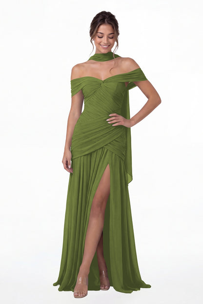 Olive Green Off Shoulder Ruched Chiffon Slit Maxi Gown - Front View