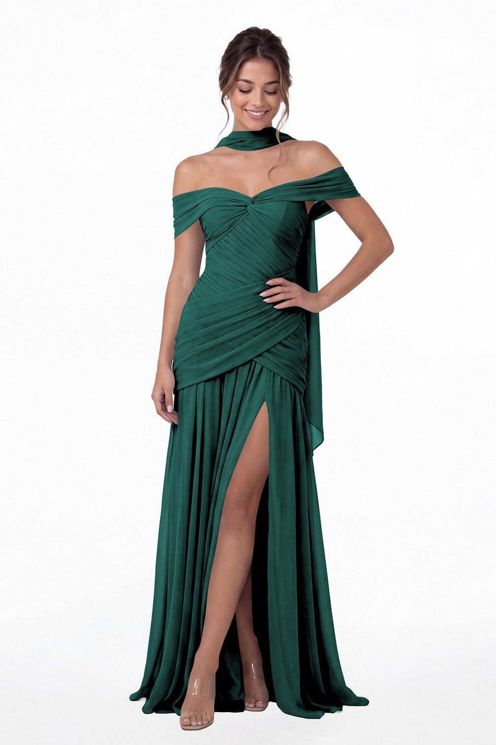Peacock Off Shoulder Ruched Chiffon Slit Maxi Gown - Front View