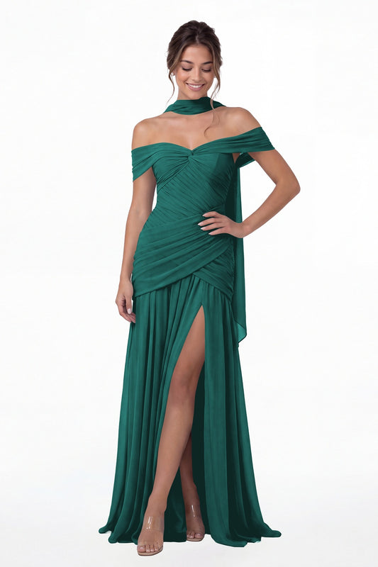 Peacock Off Shoulder Ruched Chiffon Slit Maxi Gown - Front View
