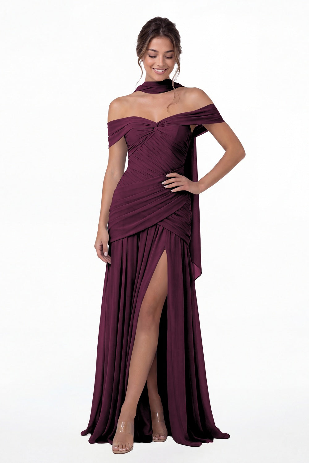 Plum Off Shoulder Ruched Chiffon Slit Maxi Gown - Front View