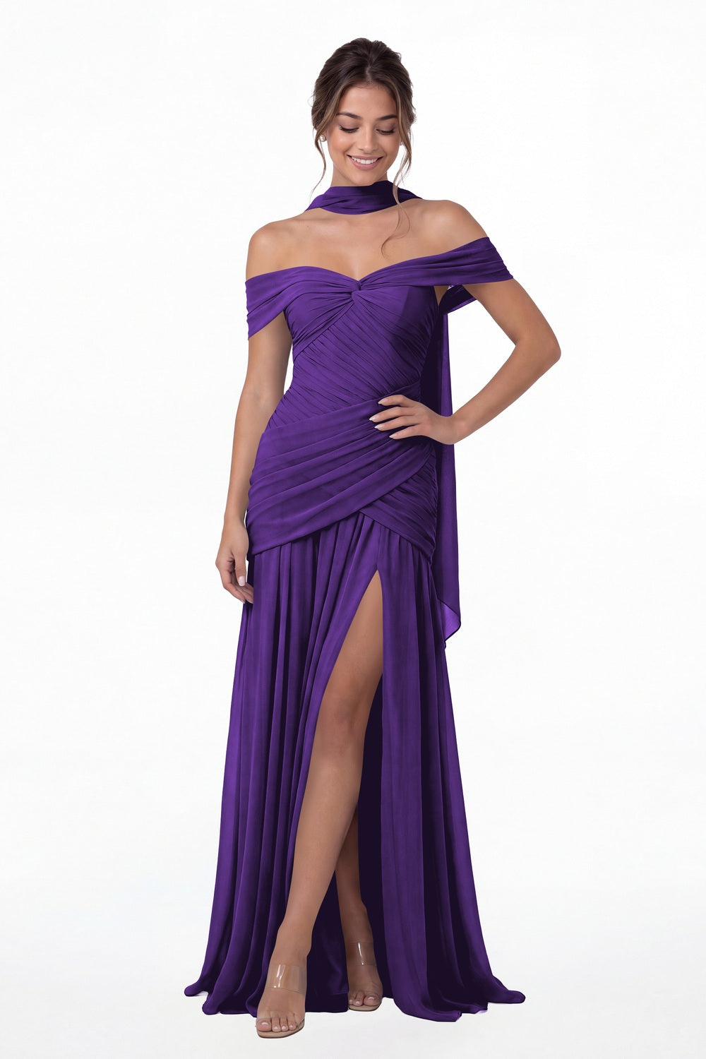 Purple Off Shoulder Ruched Chiffon Slit Maxi Gown - Front View
