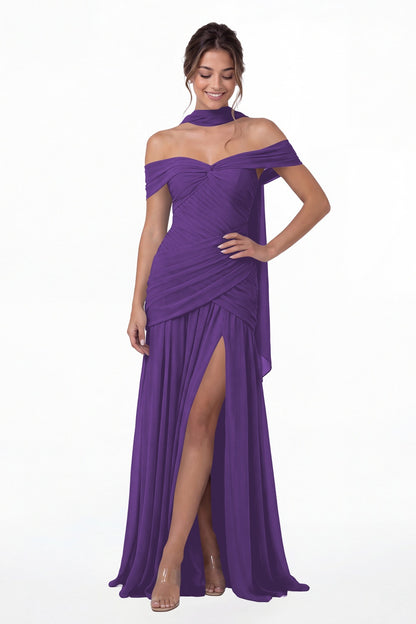 Purple Off Shoulder Ruched Chiffon Slit Maxi Gown - Front View