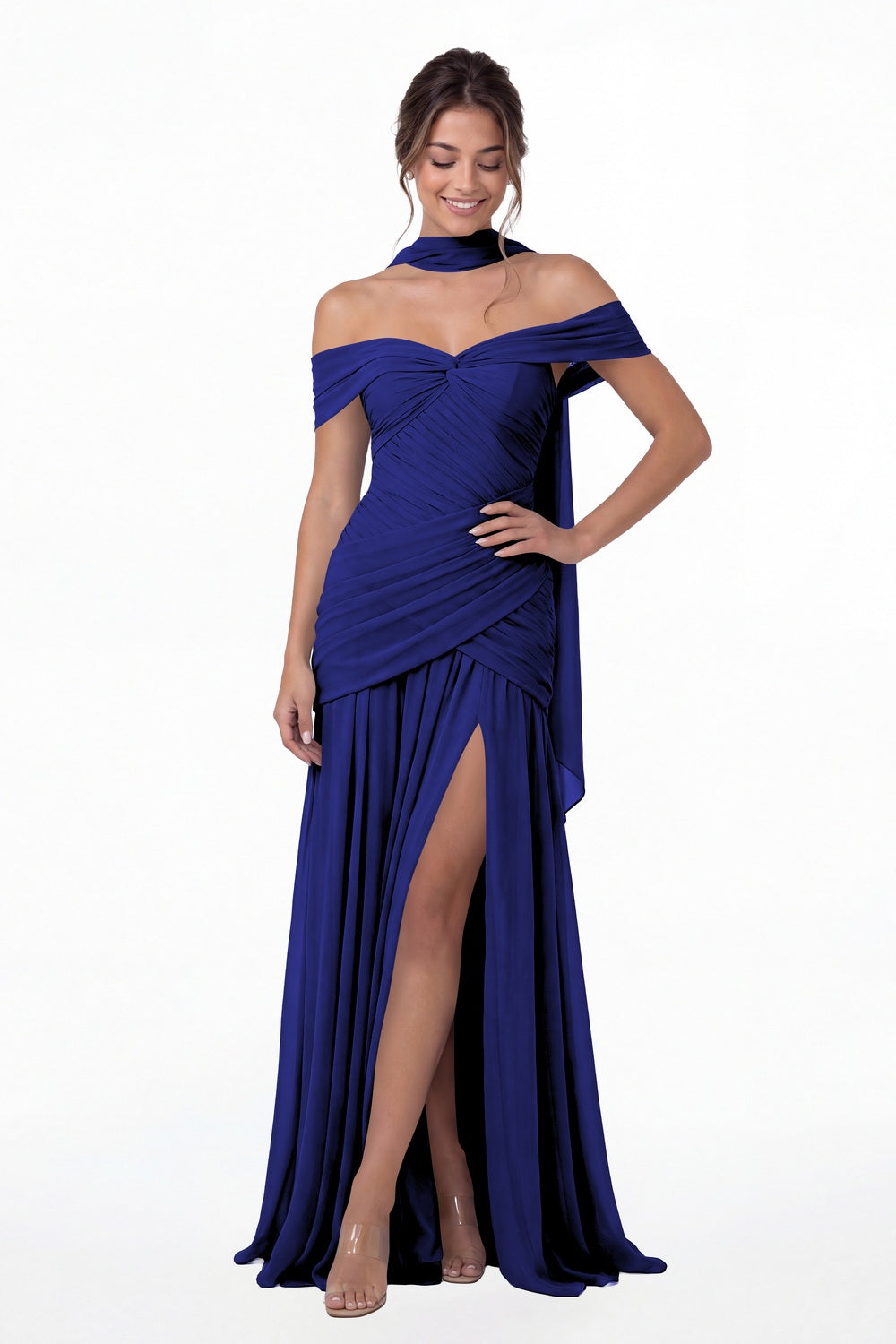Royal Blue Off Shoulder Ruched Chiffon Slit Maxi Gown - Front View