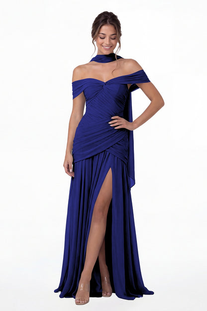 Royal Blue Off Shoulder Ruched Chiffon Slit Maxi Gown - Front View