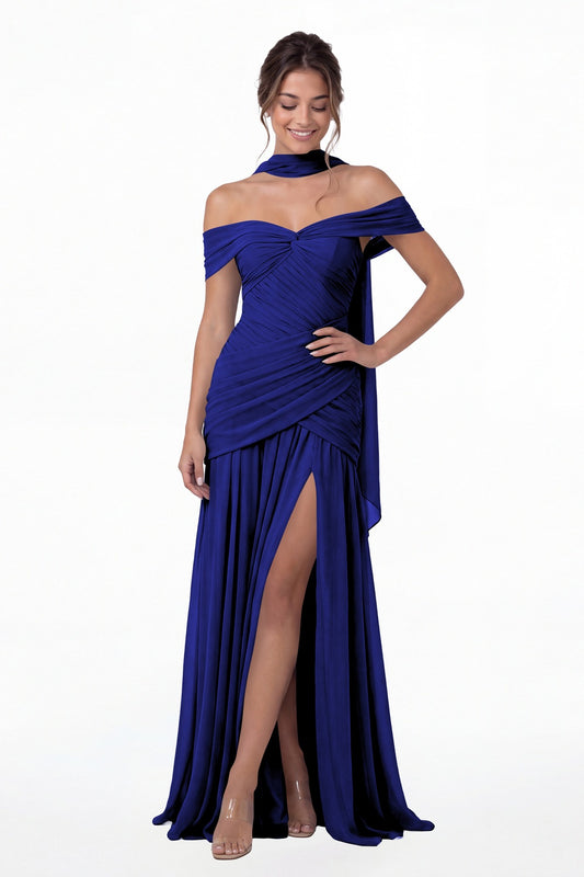 Royal Blue Off Shoulder Ruched Chiffon Slit Maxi Gown - Front View