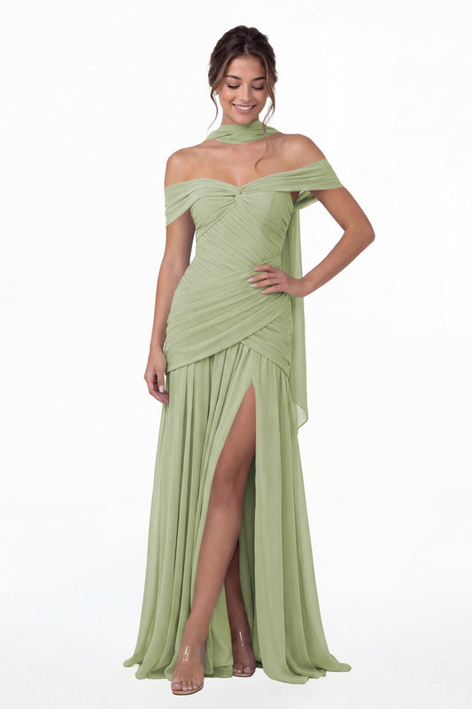 Sage Green Off Shoulder Ruched Chiffon Slit Maxi Gown - Front View