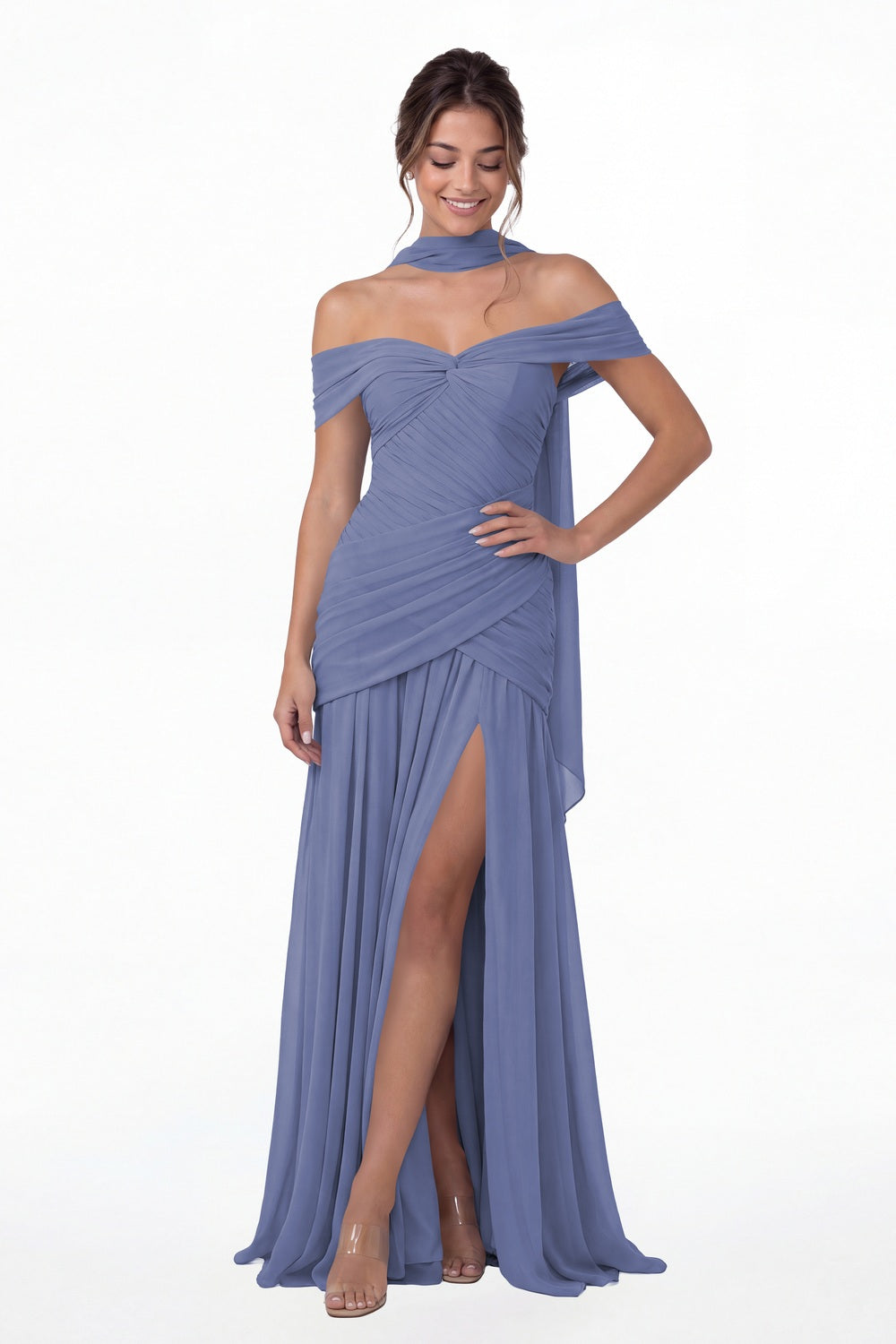 Steel Blue Off Shoulder Ruched Chiffon Slit Maxi Gown - Front View