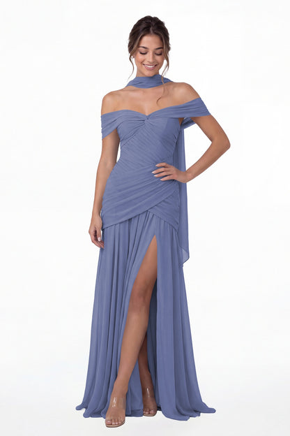Steel Blue Off Shoulder Ruched Chiffon Slit Maxi Gown - Front View