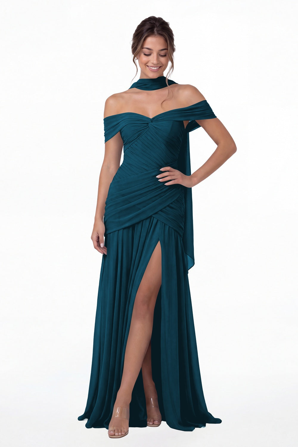 Teal Off Shoulder Ruched Chiffon Slit Maxi Gown - Front View