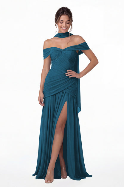 Teal Off Shoulder Ruched Chiffon Slit Maxi Gown - Front View