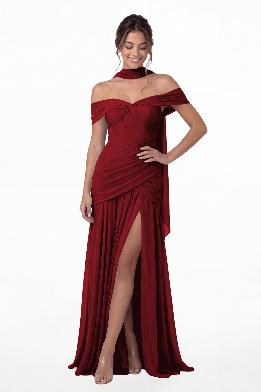 Wine Red Off Shoulder Ruched Chiffon Slit Maxi Gown - Front View
