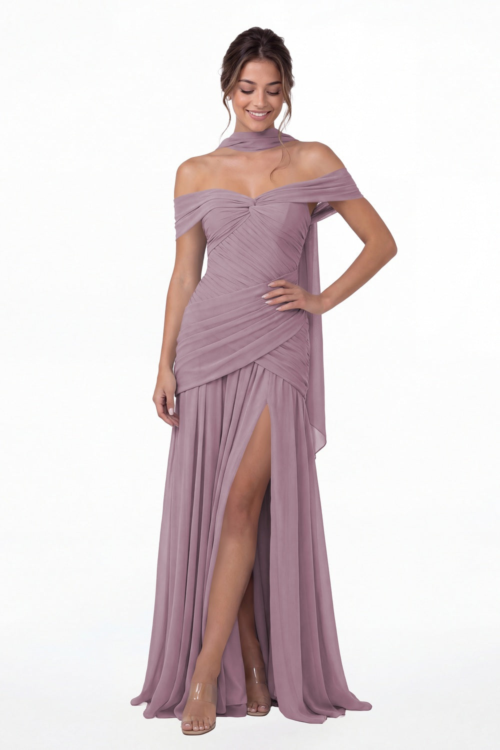 Wisteria Off Shoulder Ruched Chiffon Slit Maxi Gown - Front View