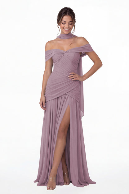 Wisteria Off Shoulder Ruched Chiffon Slit Maxi Gown - Front View