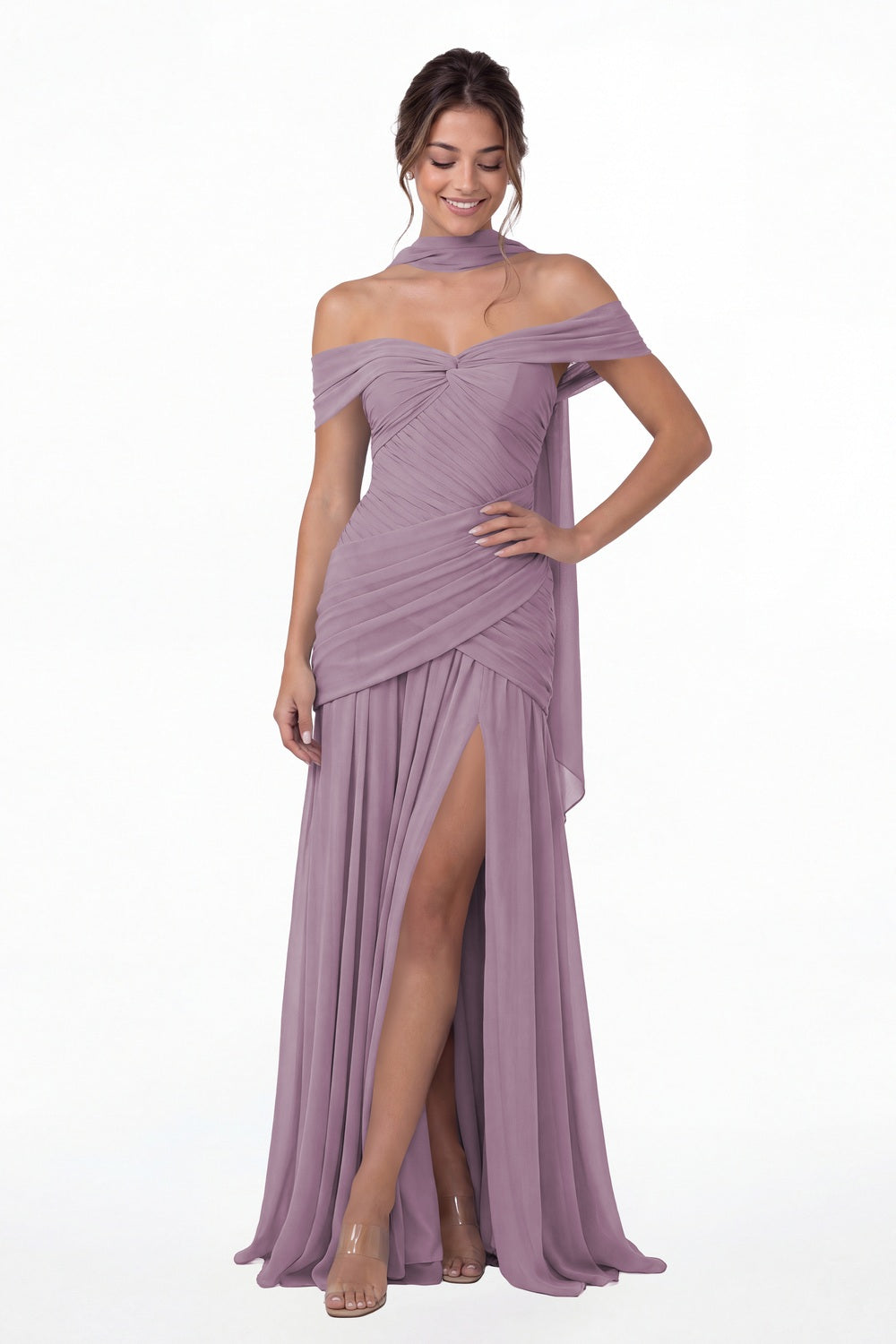 Wisteria Off Shoulder Ruched Chiffon Slit Maxi Gown - Front View