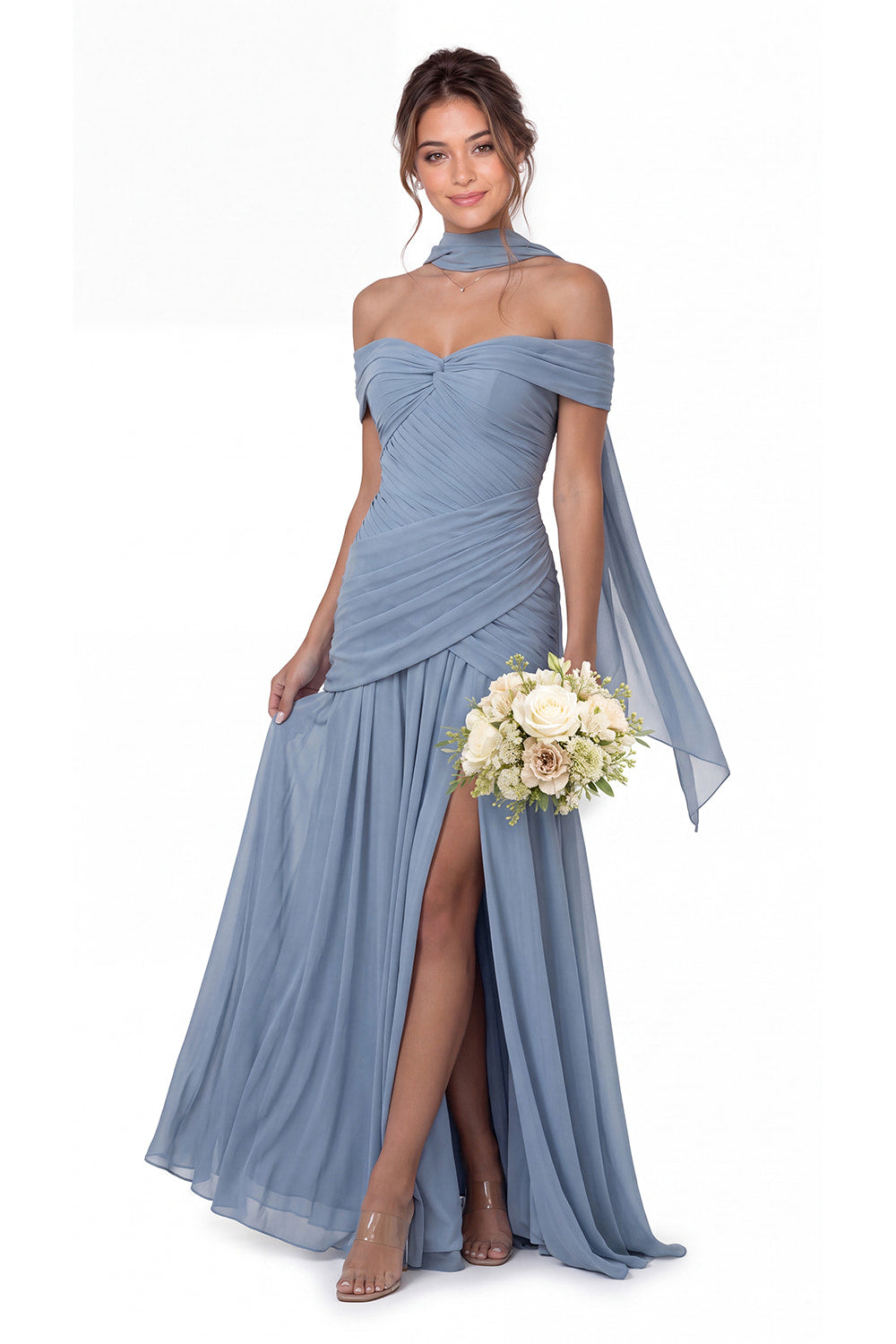 Off Shoulder Ruched Chiffon Slit Maxi Gown - Back View