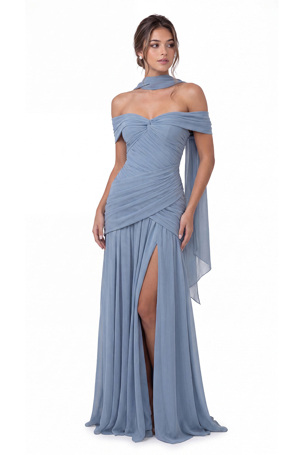 Off Shoulder Ruched Chiffon Slit Maxi Gown - Detail View 2