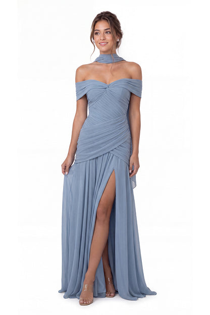 Off Shoulder Ruched Chiffon Slit Maxi Gown - Detail View 4