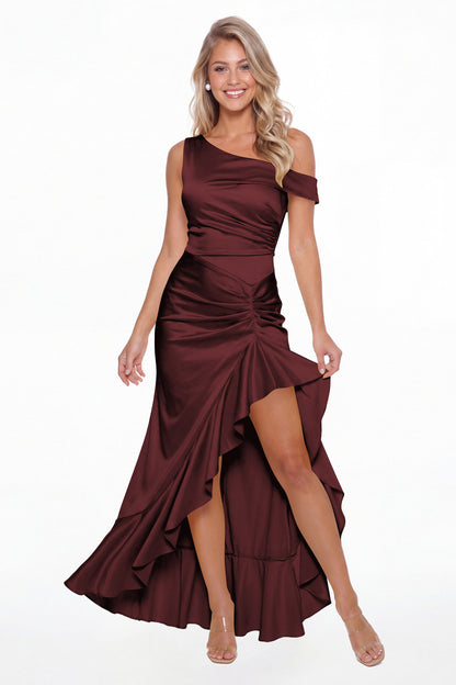 Burgundy One Shoulder Ruched Satin Ruffle Prom Dress - Front View