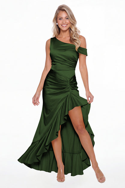Emerald Green One Shoulder Ruched Satin Ruffle Prom Dress - Front View