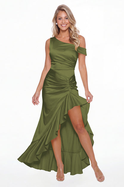 Olive Green One Shoulder Ruched Satin Ruffle Prom Dress - Front View