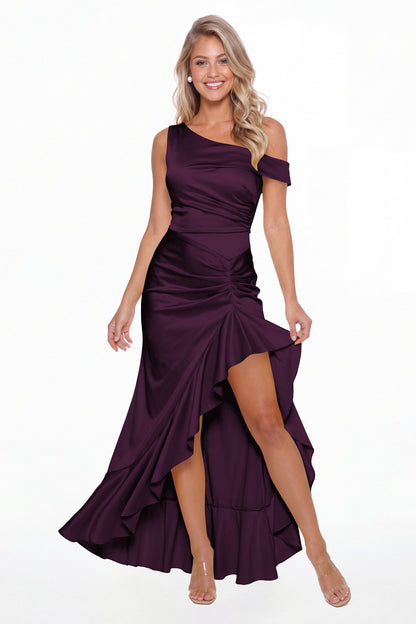 Plum One Shoulder Ruched Satin Ruffle Prom Dress - Front View